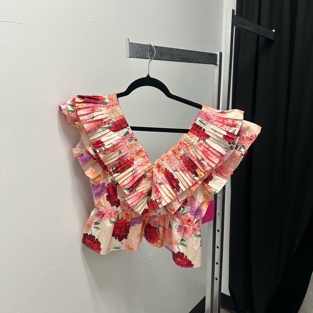 Buddy Love Pink and Red Ruffled Bib Collar Blouse